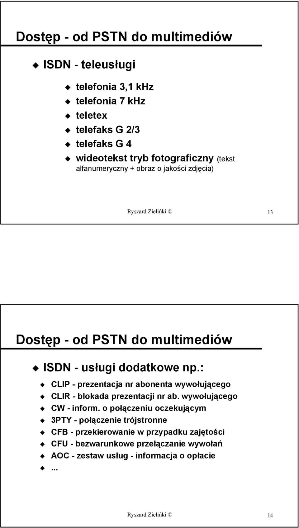 : CLIP - prezentacja nr abonenta wywołującego CLIR - blokada prezentacji nr ab. wywołującego CW - inform.