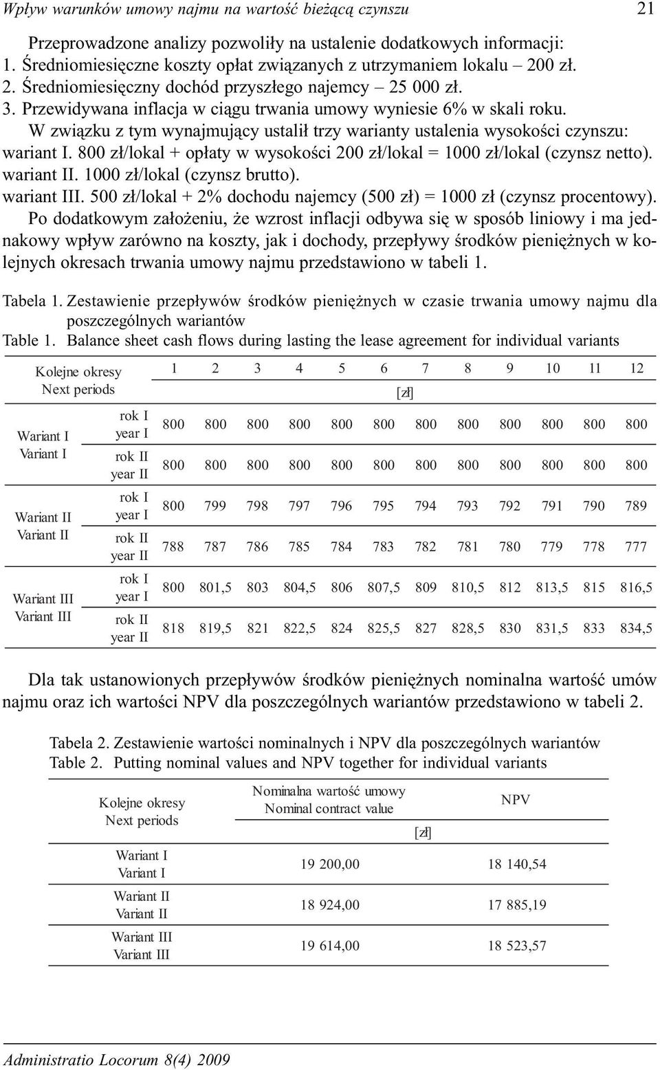 W zwi¹zku z tym wynajmuj¹cy ustali³ trzy warianty ustalenia wysokoœci czynszu: wariant I. z³/lokal + op³aty w wysokoœci 200 z³/lokal = 1000 z³/lokal (czynsz netto). wariant II.