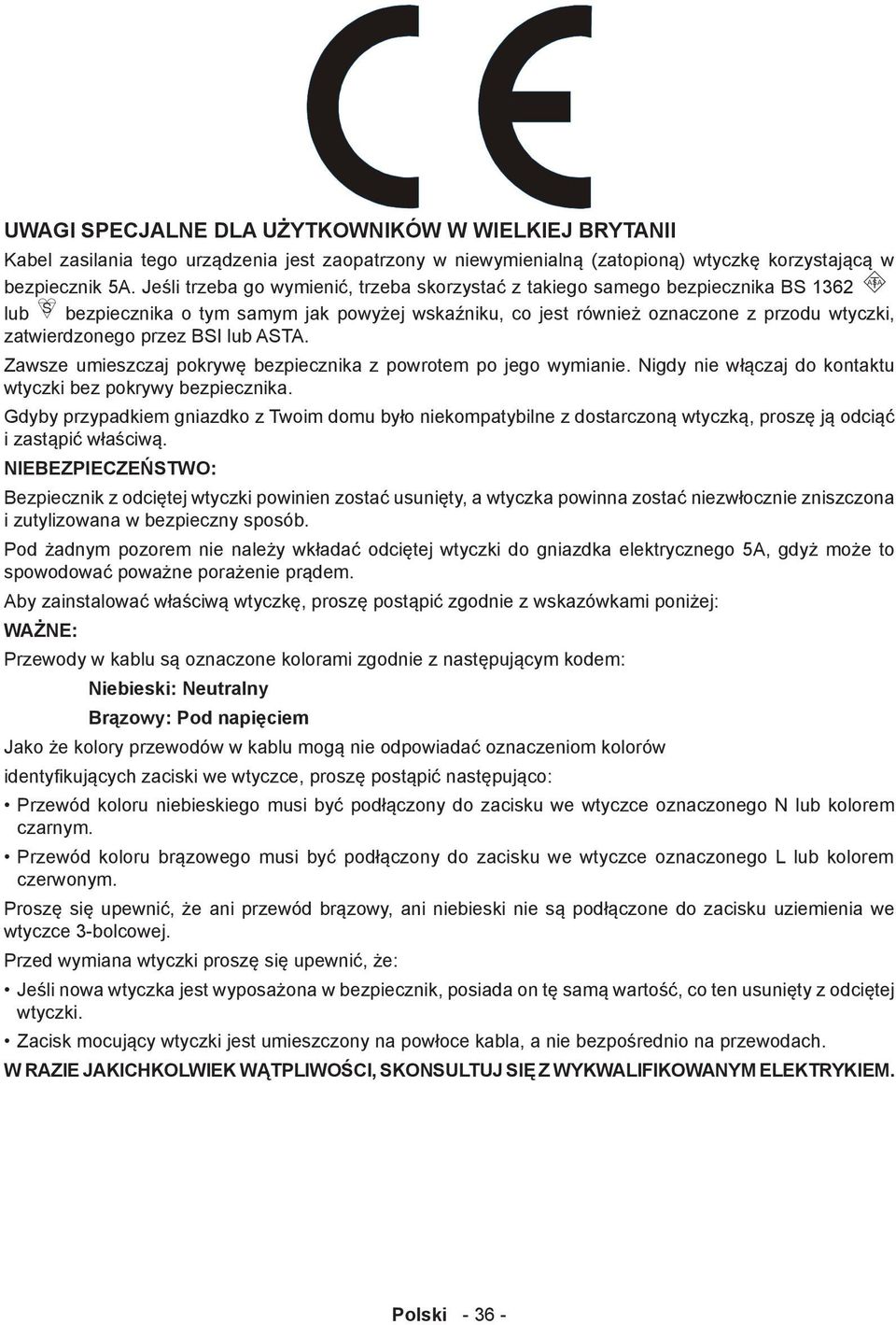 BSI lub ASTA. Zawsze umieszczaj pokrywę bezpiecznika z powrotem po jego wymianie. Nigdy nie włączaj do kontaktu wtyczki bez pokrywy bezpiecznika.