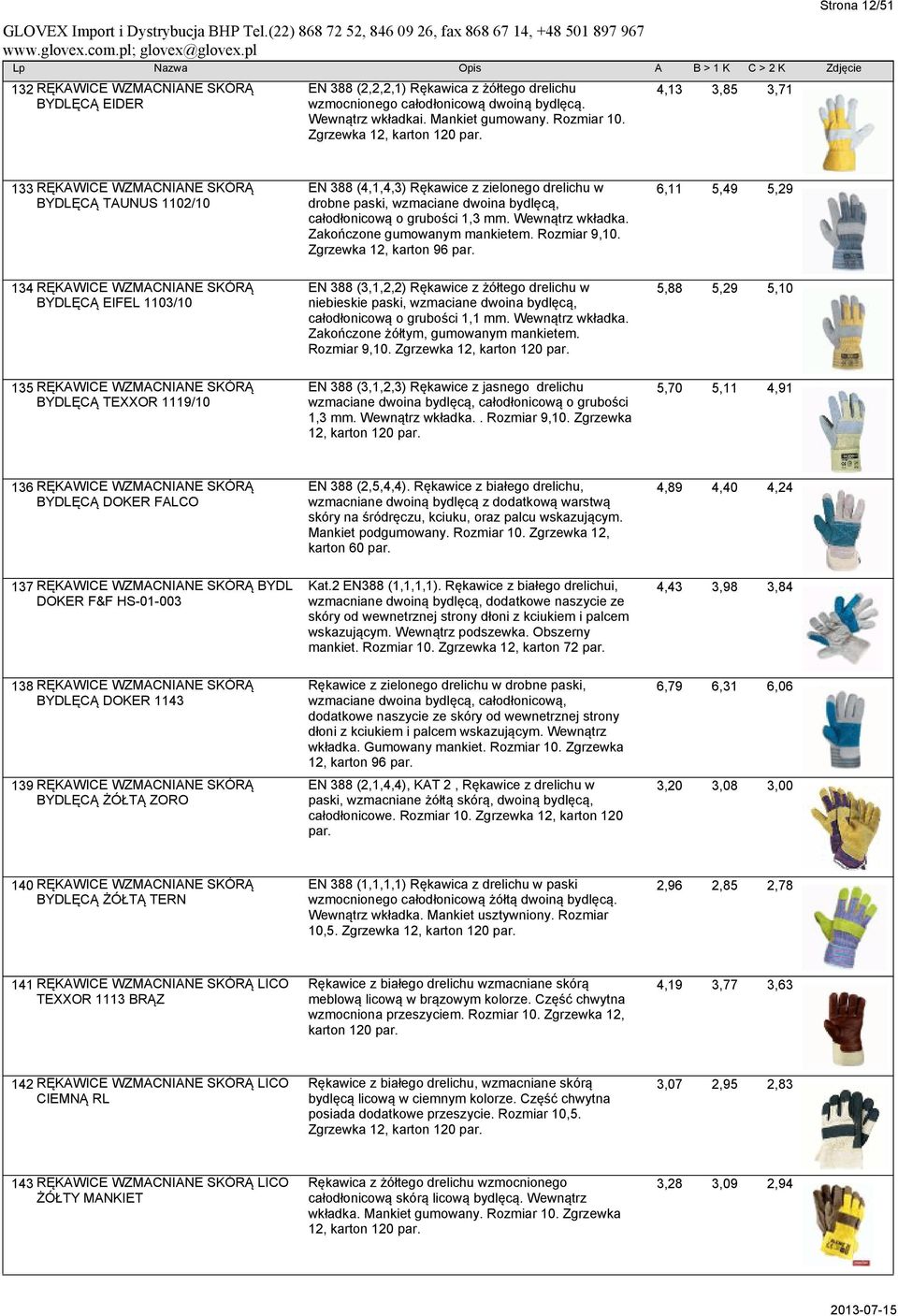 4,13 3,85 3,71 Strona 12/51 133 RĘKAWICE WZMACNIANE SKÓRĄ BYDLĘCĄ TAUNUS 1102/10 EN 388 (4,1,4,3) Rękawice z zielonego drelichu w drobne paski, wzmaciane dwoina bydlęcą, całodłonicową o grubości 1,3