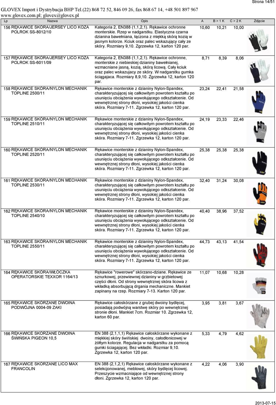 10,60 10,21 10,00 Strona 14/51 157 RĘKAWICE SKÓRA/JERSEY LICO KOZA POLROK SS-6011/09 158 RĘKAWICE SKÓRA/NYLON MECHANIK TOPLINE 2500/11 Kategoria 2, EN388 (1,1,2,1).