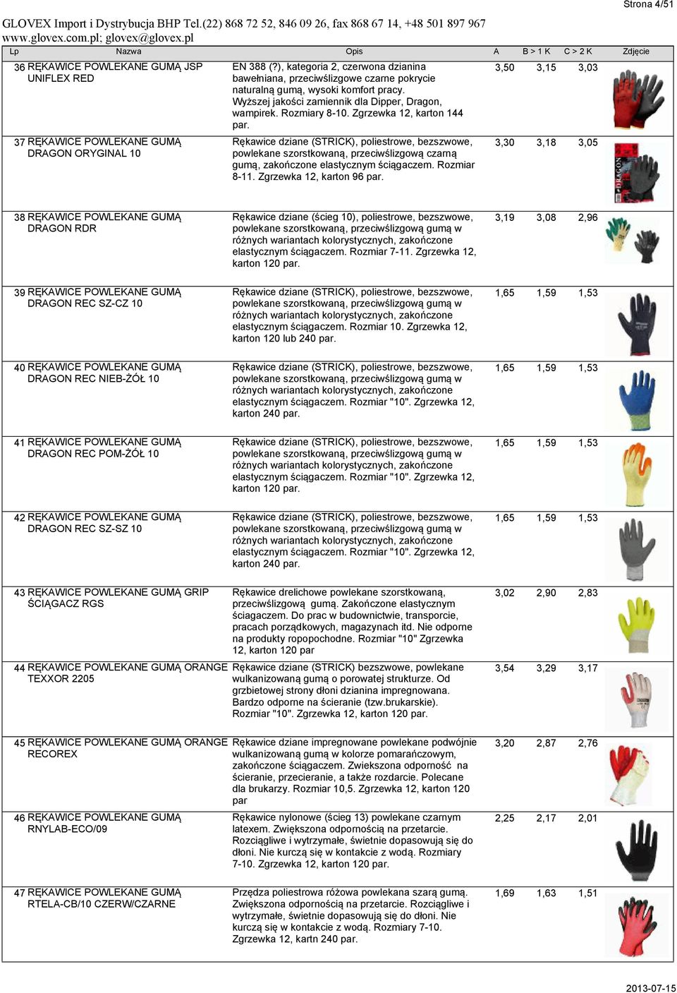 Zgrzewka 12, karton 144 par. Rękawice dziane (STRICK), poliestrowe, bezszwowe, powlekane szorstkowaną, przeciwślizgową czarną gumą, zakończone elastycznym ściągaczem. Rozmiar 8-11.