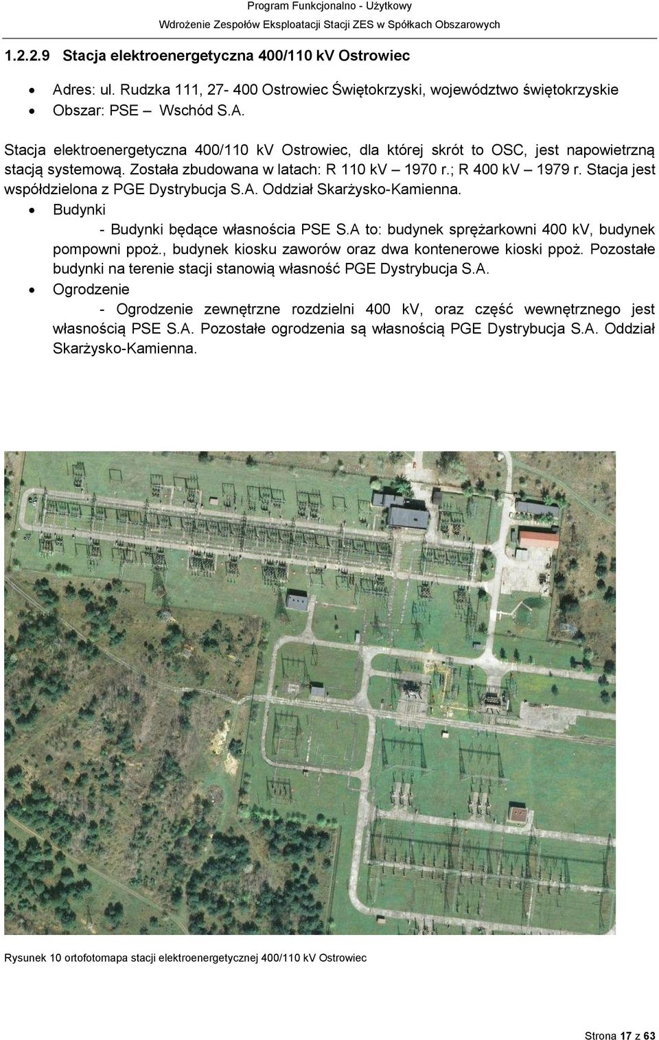 A to: budynek sprężarkowni 400 kv, budynek pompowni ppoż., budynek kiosku zaworów oraz dwa kontenerowe kioski ppoż. Pozostałe budynki na terenie stacji stanowią własność PGE Dystrybucja S.A. Ogrodzenie - Ogrodzenie zewnętrzne rozdzielni 400 kv, oraz część wewnętrznego jest własnością PSE S.