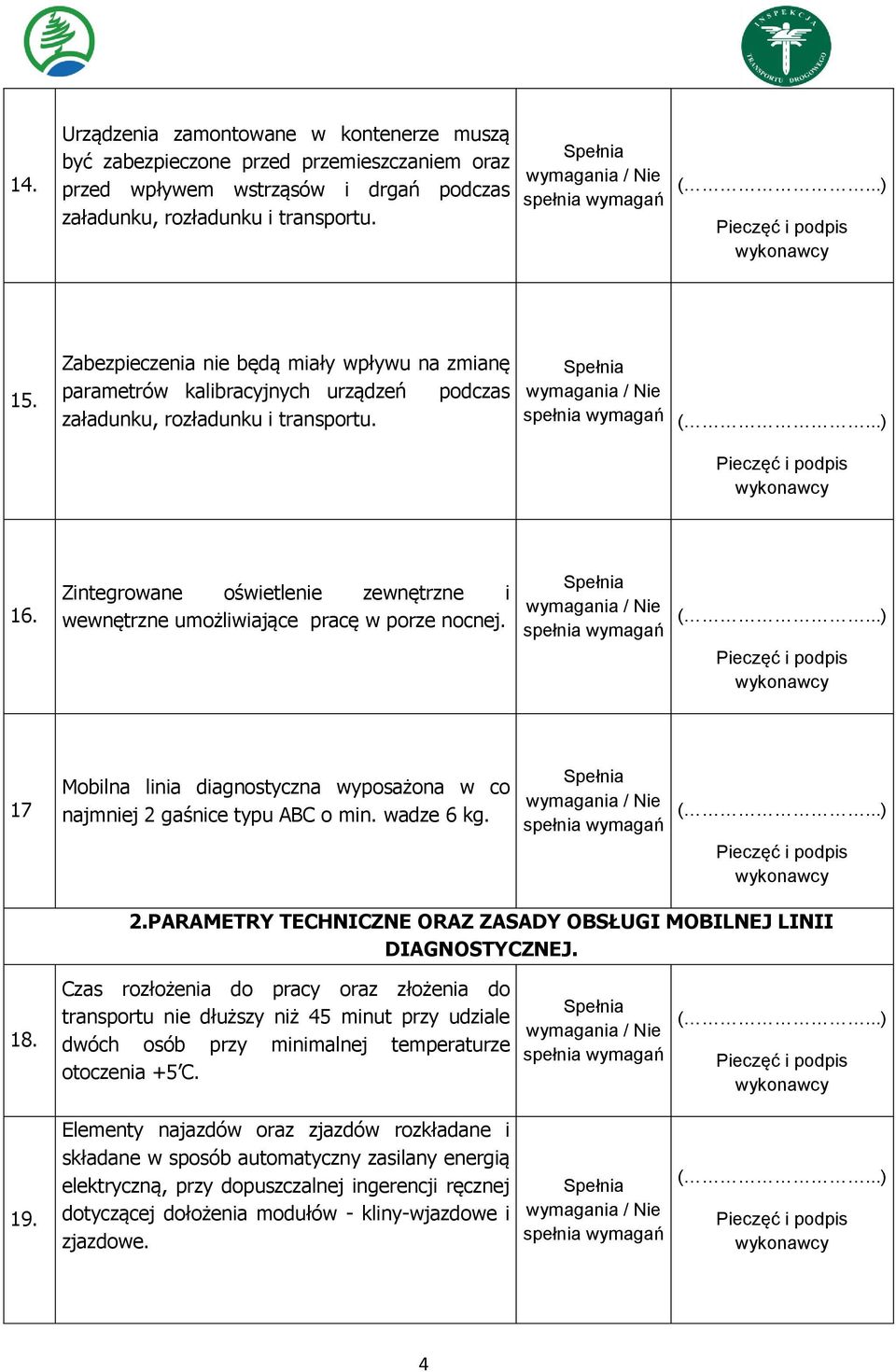 Zintegrowane oświetlenie zewnętrzne i wewnętrzne umożliwiające pracę w porze nocnej. 17 Mobilna linia diagnostyczna wyposażona w co najmniej 2 