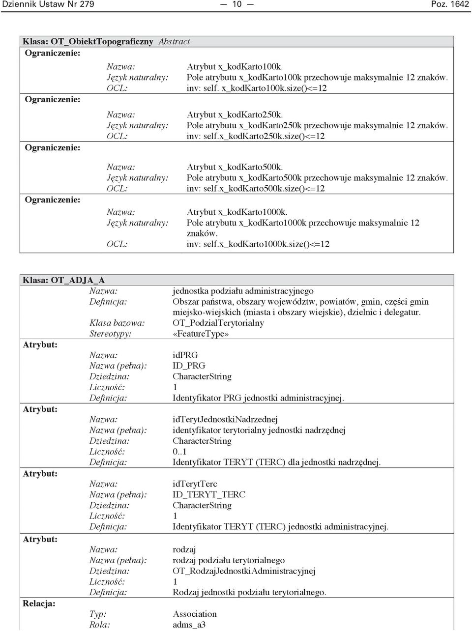 Pole atrybutu x_kodkarto1000k przechowuje maksymalnie 12 znaków. inv: self.x_kodkarto1000k.size()<=12 Klasa: OT_ADJA_A Obszar pa stwa, obszary województw, powiatów, gmin, cz ci gmin miejsko-wiejskich (miasta i obszary wiejskie), dzielnic i delegatur.