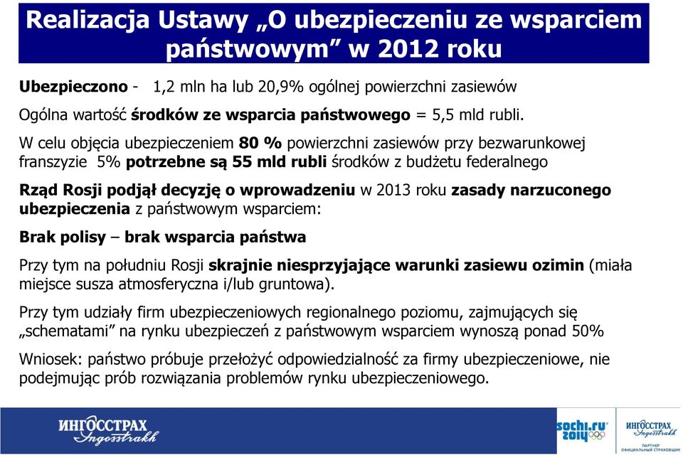 zasady narzuconego ubezpieczenia z państwowym wsparciem: Brak polisy brak wsparcia państwa Przy tym na południu Rosji skrajnie niesprzyjające warunki zasiewu ozimin (miała miejsce susza atmosferyczna