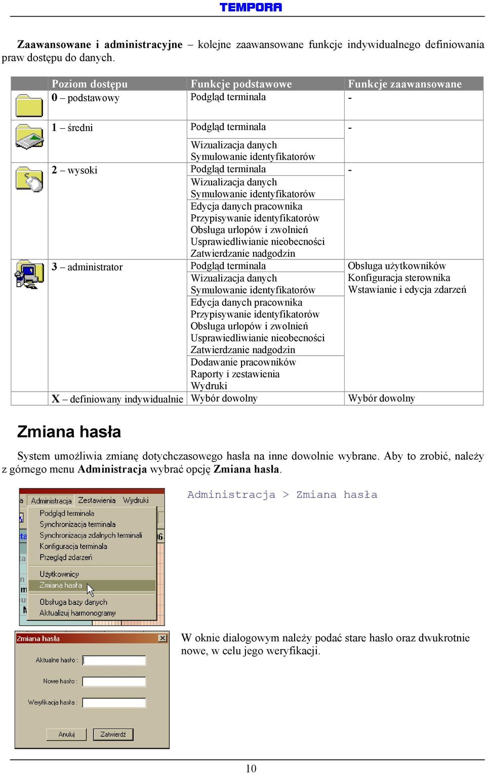 Wizualizacja danych Symulowanie identyfikatorów Edycja danych pracownika Przypisywanie identyfikatorów Obsługa urlopów i zwolnień Usprawiedliwianie nieobecności Zatwierdzanie nadgodzin 3