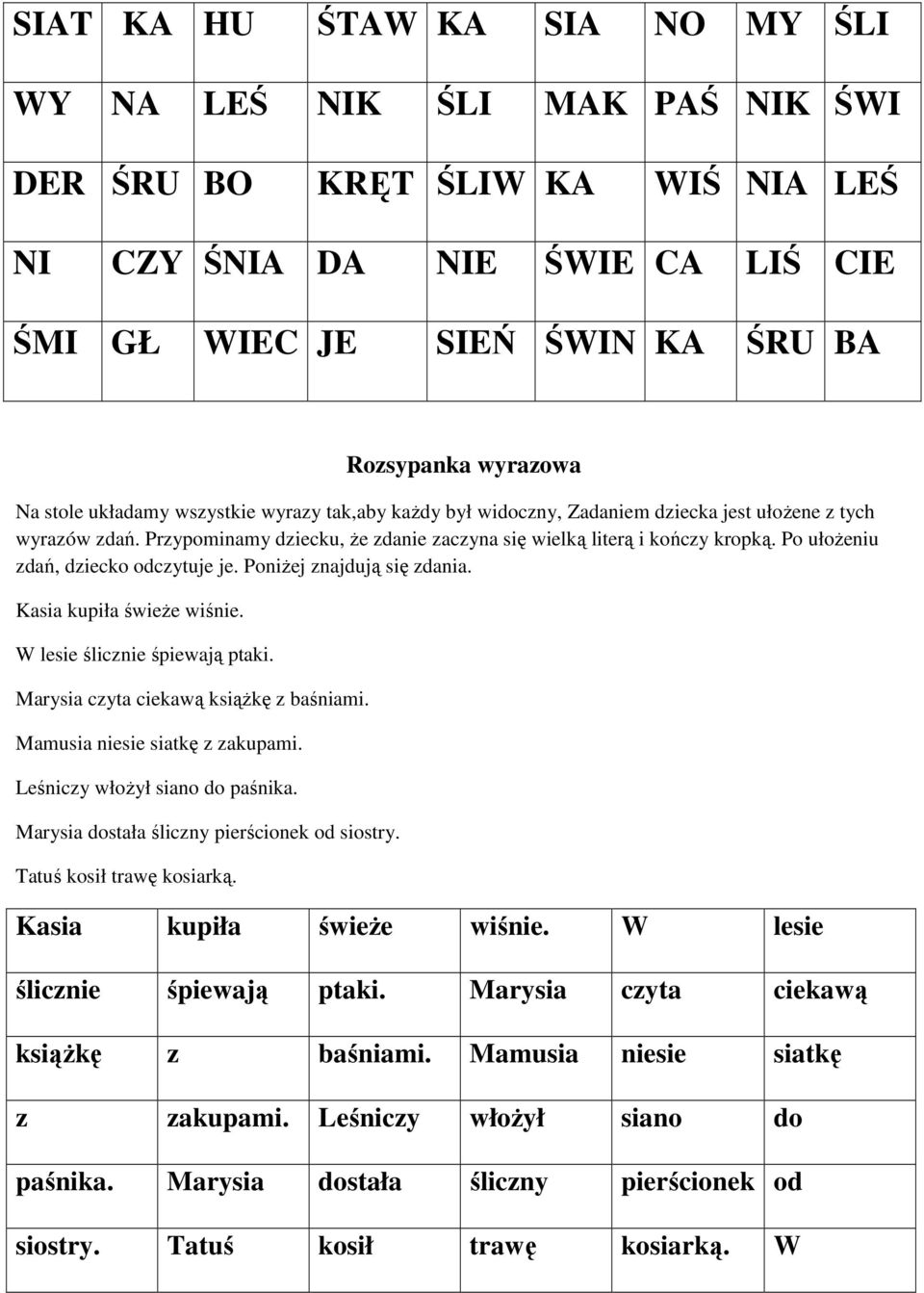 Po ułożeniu zdań, dziecko odczytuje je. Poniżej znajdują się zdania. Kasia kupiła świeże wiśnie. W lesie ślicznie śpiewają ptaki. Marysia czyta ciekawą książkę z baśniami.