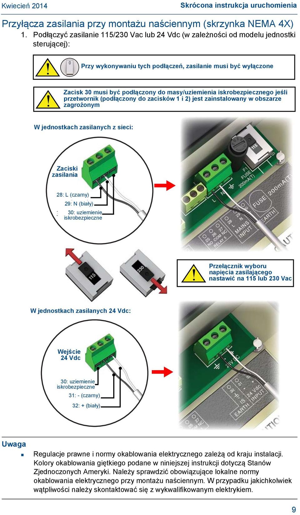 masy/uziemienia iskrobezpiecznego jeśli przetwornik (podłączony do zacisków 1 i 2) jest zainstalowany w obszarze zagrożonym W jednostkach zasilanych z sieci: Zaciski zasilania 28: L (czarny) (Black)