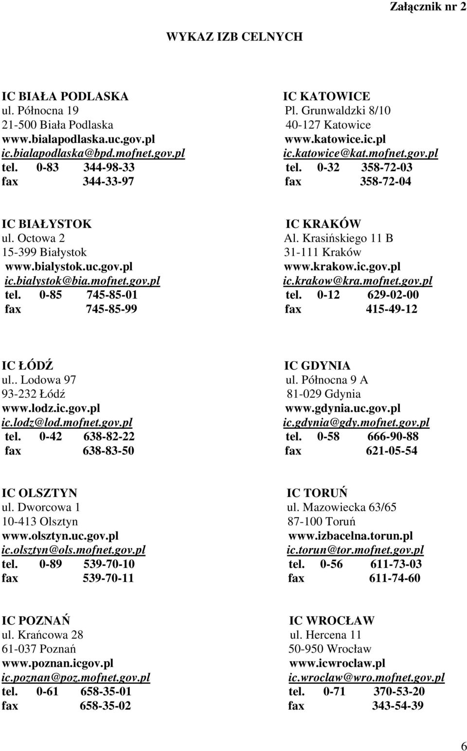 Krasińskiego 11 B 15-399 Białystok 31-111 Kraków www.bialystok.uc.gov.pl www.krakow.ic.gov.pl ic.bialystok@bia.mofnet.gov.pl ic.krakow@kra.mofnet.gov.pl tel. 0-85 745-85-01 tel.