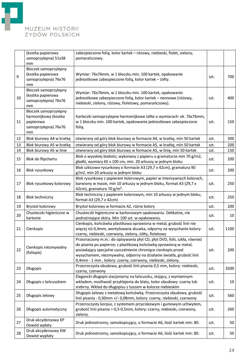 100 kartek, opakowanie jednostkowe zabezpieczone folią, kolor kartek żółty. Wymiar: 76x76mm, w 1 bloczku min.