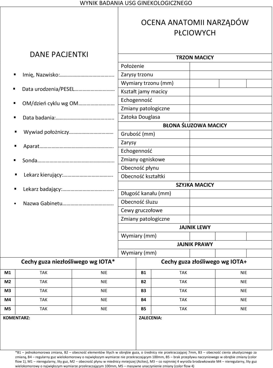 . Cechy guza niezłośliwego wg IOTA* Położenie Zarysy trzonu Wymiary trzonu (mm) Kształt jamy macicy Echogenność Zmiany patologiczne Zatoka Douglasa Grubość (mm) Zarysy Echogenność Zmiany ogniskowe