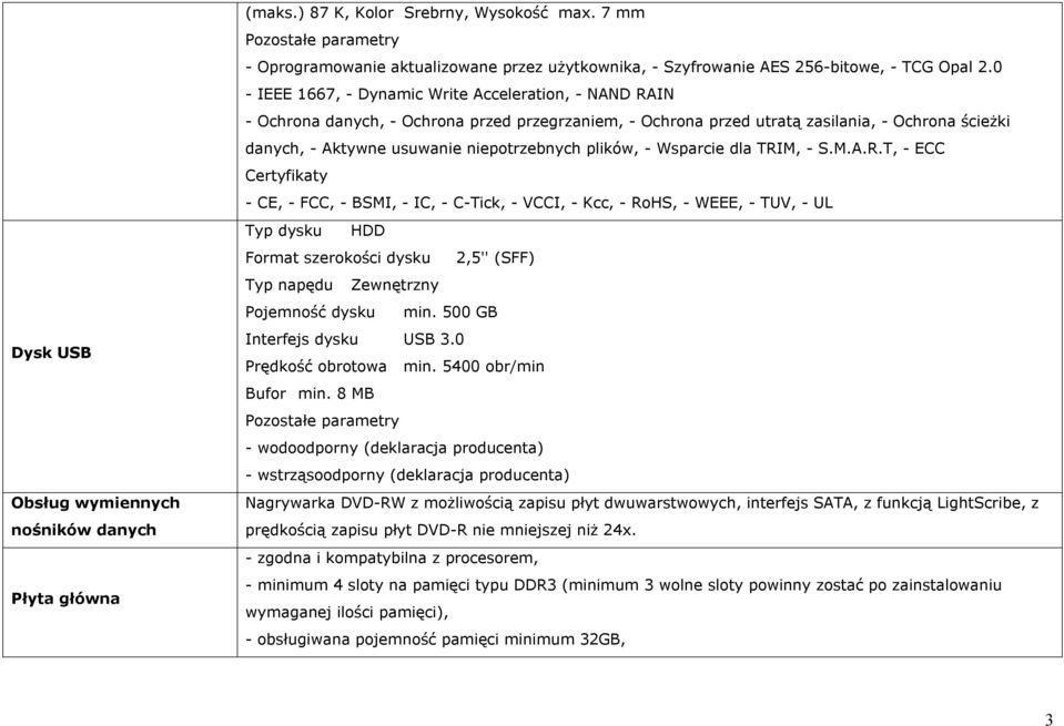 0 - IEEE 1667, - Dynamic Write Acceleration, - NAND RAIN - Ochrona danych, - Ochrona przed przegrzaniem, - Ochrona przed utratą zasilania, - Ochrona ścieżki danych, - Aktywne usuwanie niepotrzebnych