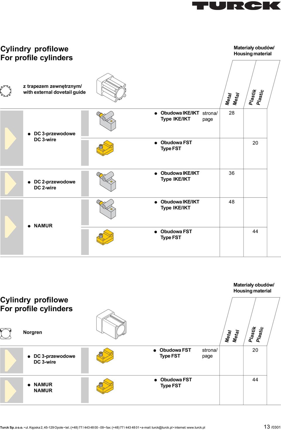 Type FST 44 Cylindry profilowe For profile cylinders Materia³y obudów/ Housing material Norgren Metal Metal Plastik Plastic DC 3-przewodowe DC 3-wire Obudowa FST Type FST strona/ page