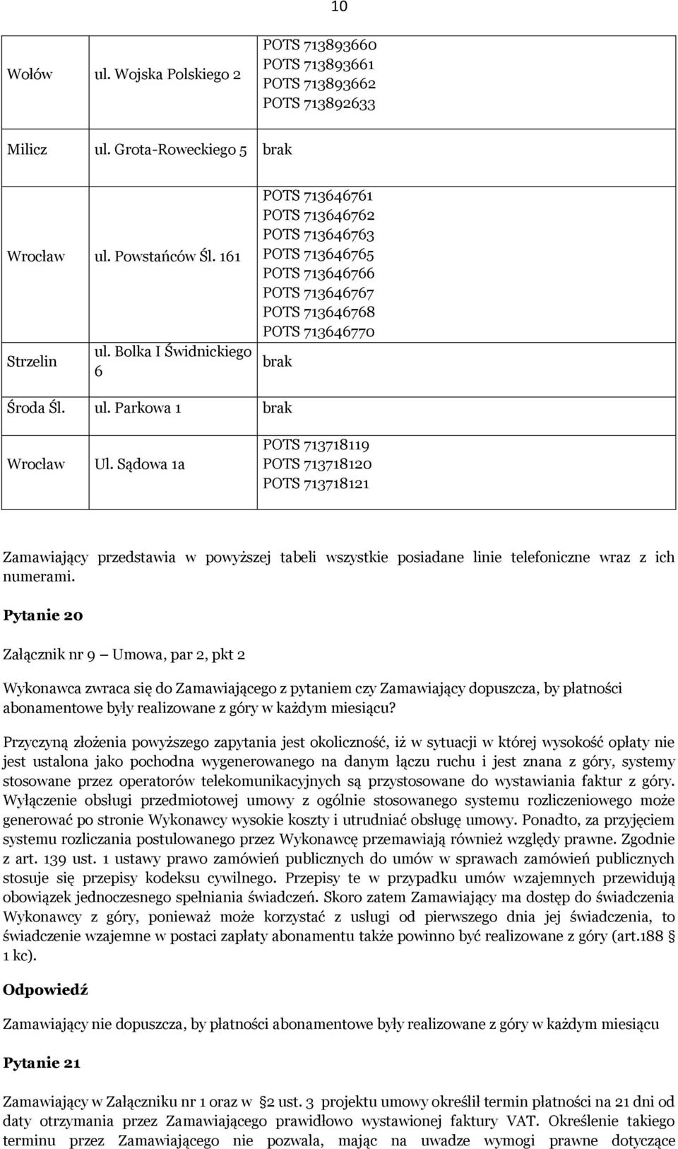 Sądowa 1a 713718119 713718120 713718121 Zamawiający przedstawia w powyższej tabeli wszystkie posiadane linie telefoniczne wraz z ich numerami.