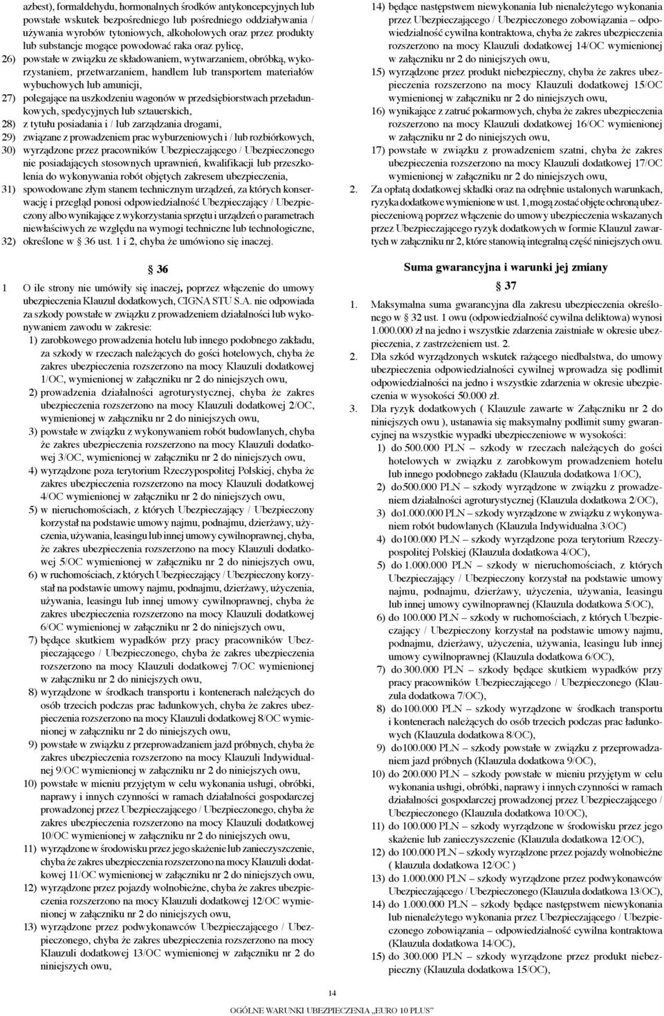 amunicji, 27) polegające na uszkodzeniu wagonów w przedsiębiorstwach przeładunkowych, spedycyjnych lub sztauerskich, 28) z tytułu posiadania i / lub zarządzania drogami, 29) związane z prowadzeniem