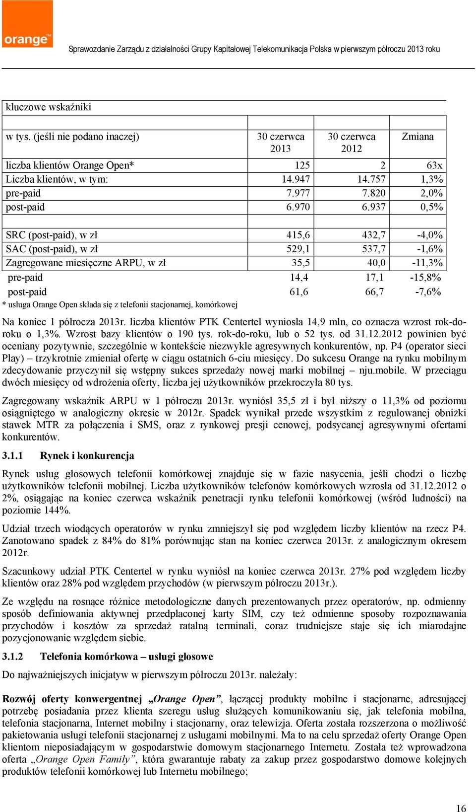 937 0,5% SRC (post-paid), w zł 415,6 432,7-4,0% SAC (post-paid), w zł 529,1 537,7-1,6% Zagregowane miesięczne ARPU, w zł 35,5 40,0-11,3% pre-paid 14,4 17,1-15,8% post-paid 61,6 66,7-7,6% * usługa