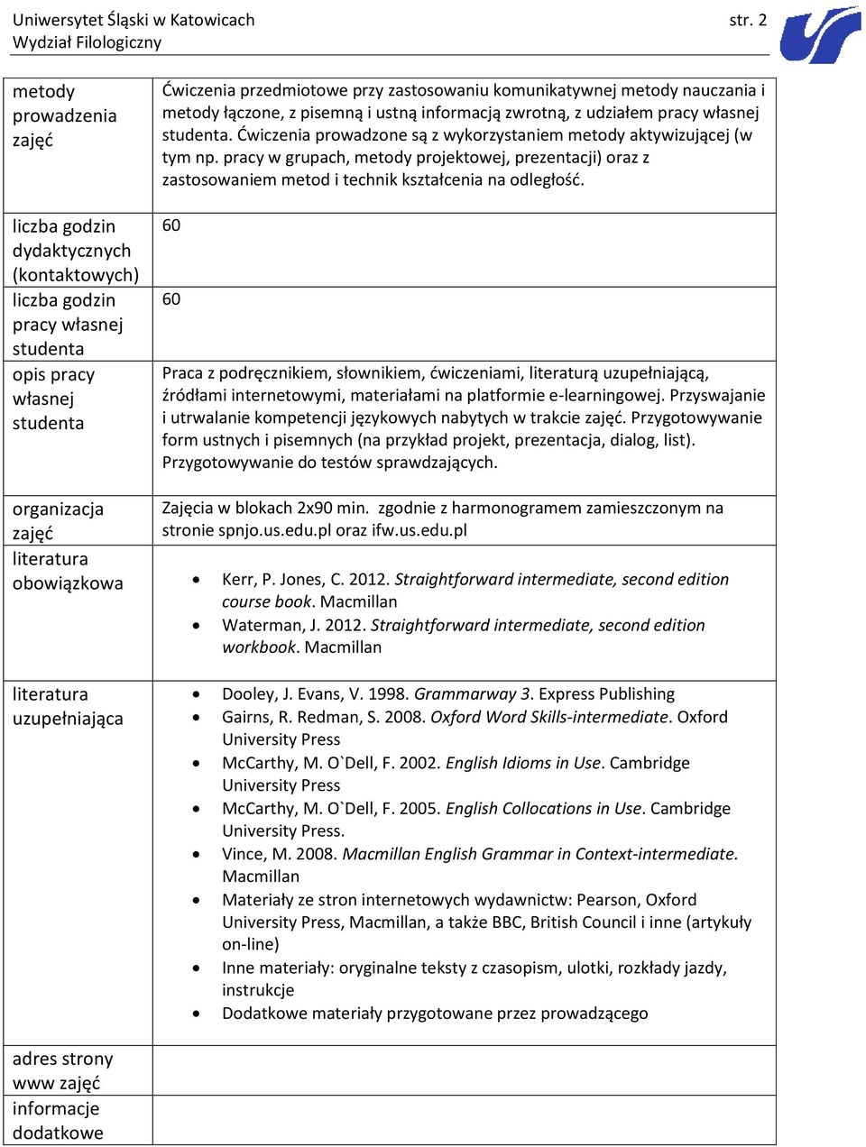 informacją zwrotną, z udziałem pracy własnej. Ćwiczenia prowadzone są z wykorzystaniem metody aktywizującej (w tym np.