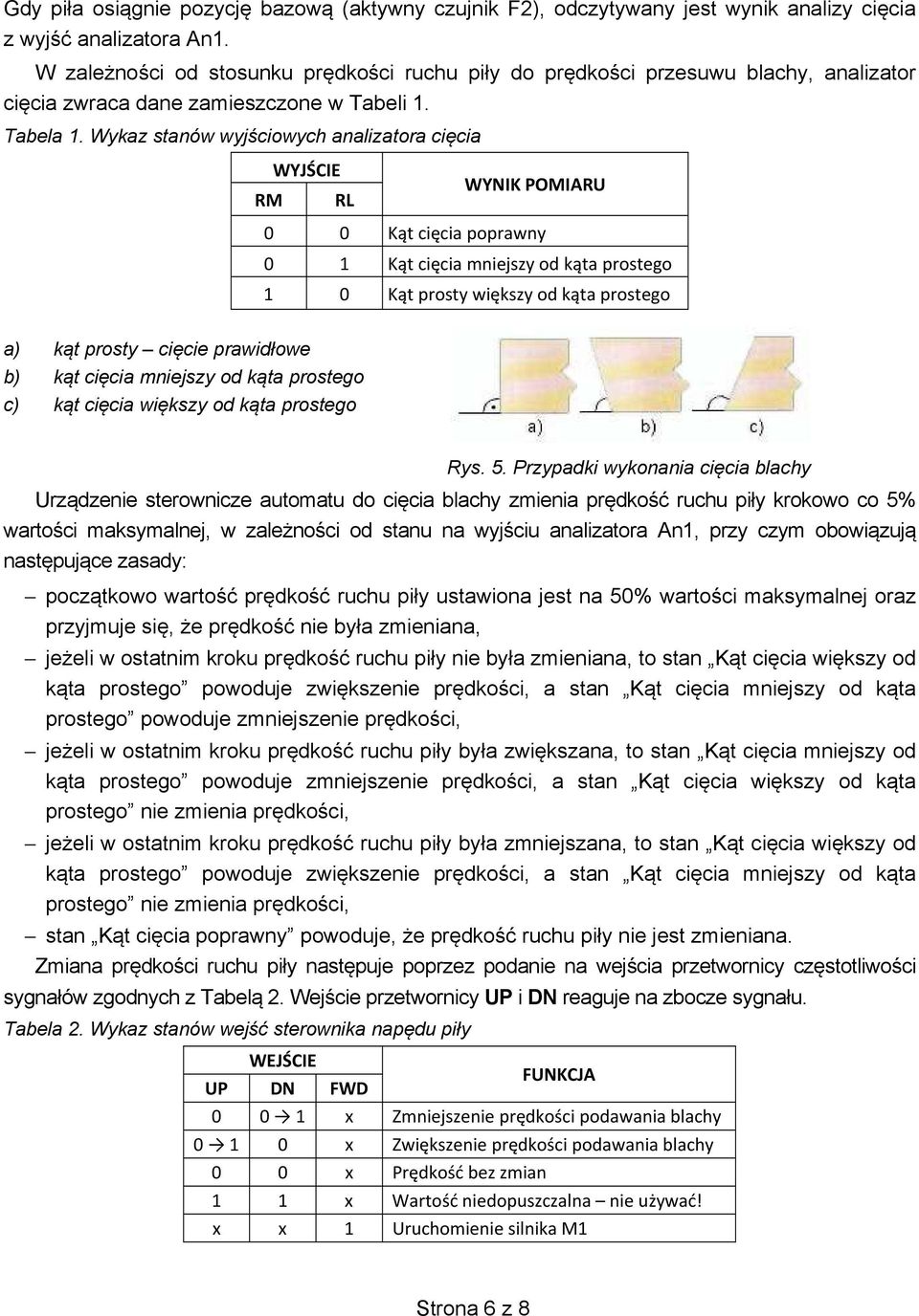 Wykaz stanów wyj ciowych analizatora ci cia RM WYJŚCIE RL WYNIK POMIARU 0 0 K t ci cia poprawny 0 1 K t ci cia mniejszy od k ta prostego 1 0 K t prosty wi kszy od k ta prostego a) k t prosty ci cie