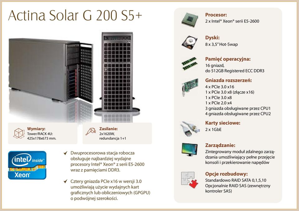 0 umożliwiają użycie wydajnych kart graficznych lub obliczeniowych (GPGPU) o podwójnej szerokości. 16 gniazd, do 512GB Registered ECC DDR3 4 x PCIe 3.0 x16 1 x PCIe 3.