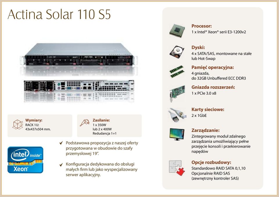 1 x 350W lub 2 x 400W Redudancja 1+1 Podstawowa propozycja z naszej oferty przygotowana w obudowie do szafy przemysłowej 19.