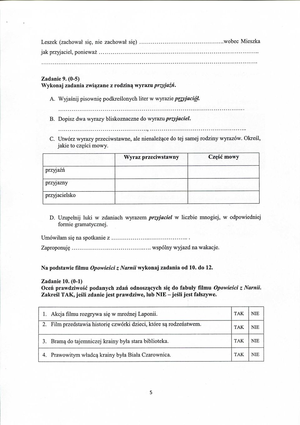 sci mowy. Wyraz przeciwstawny Cz?sc mowy przyjazn przyjazny przyjacielsko D. Uzupelnij luki w zdaniach wyrazem przyjaciel w liczbie mnogiej, w odpowiedniej formic gramatycznej. Umowilam si?