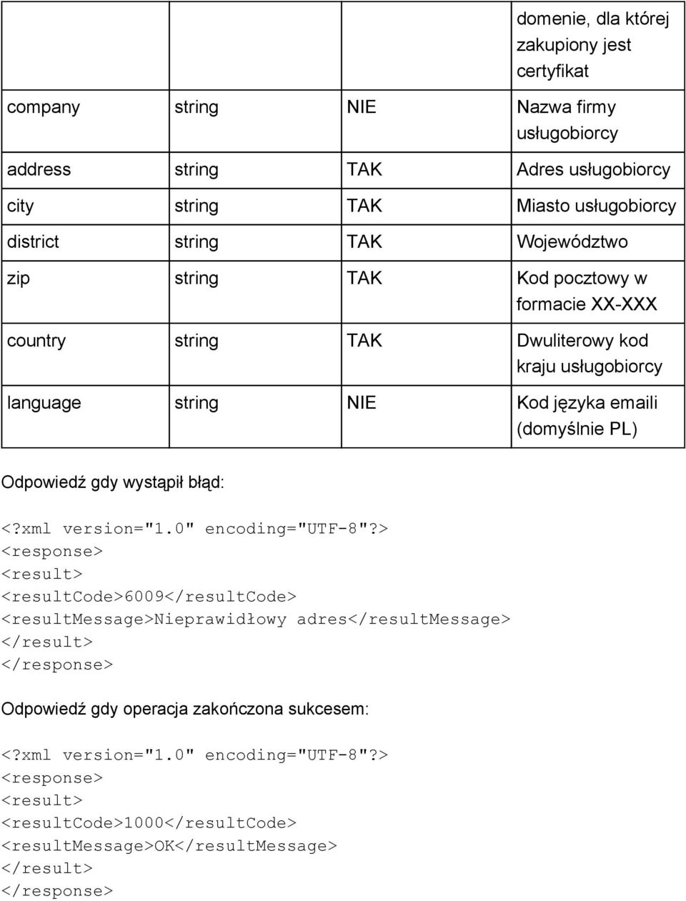 kraju usługobiorcy language string NIE Kod języka emaili (domyślnie PL) Odpowiedź gdy wystąpił błąd: <resultcode>6009</resultcode>