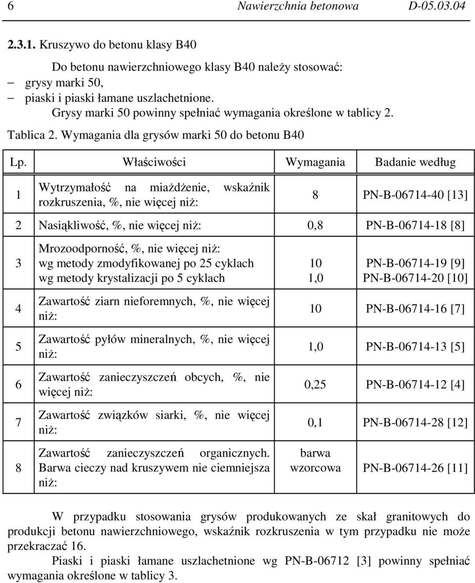 Właściwości Wymagania Badanie według 1 Wytrzymałość na miaŝdŝenie, wskaźnik rozkruszenia, %, nie więcej niŝ: 8 PN-B-06714-40 [13] 2 Nasiąkliwość, %, nie więcej niŝ: 0,8 PN-B-06714-18 [8] 3 4 5 6 7 8