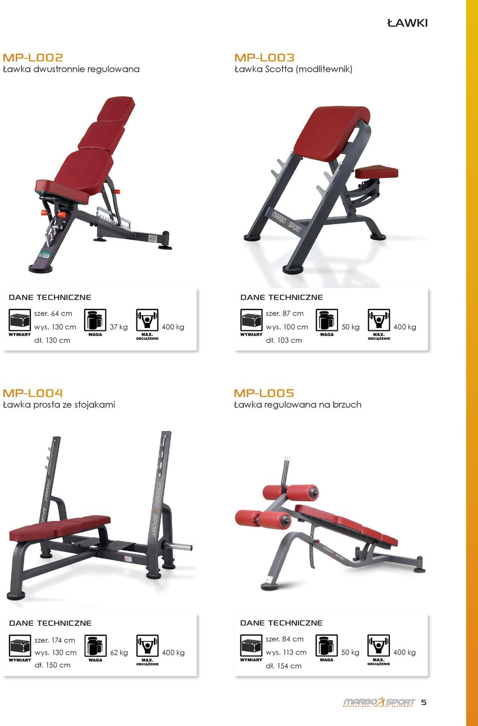 103 cm MP-L004 Ławka prosta ze stojakami MP-L005 Ławka regulowana na brzuch szer.