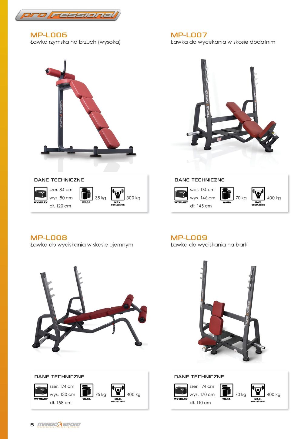 145 cm MP-L008 Ławka do wyciskania w skosie ujemnym MP-L009 Ławka do wyciskania na barki