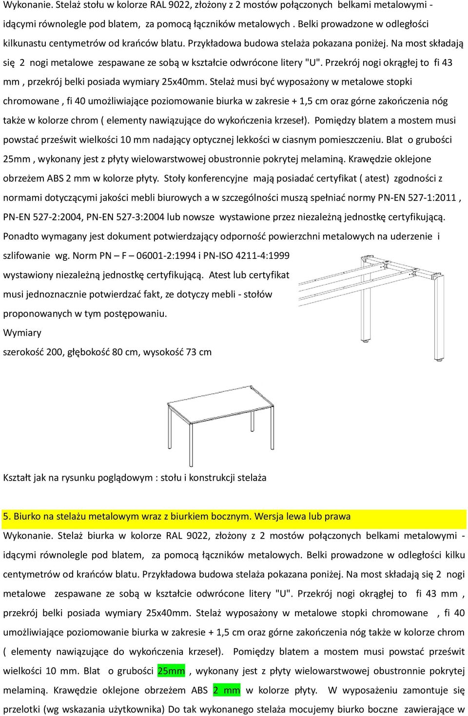 Na most składają się 2 nogi metalowe zespawane ze sobą w kształcie odwrócone litery "U". Przekrój nogi okrągłej to fi 43 mm, przekrój belki posiada wymiary 25x40mm.