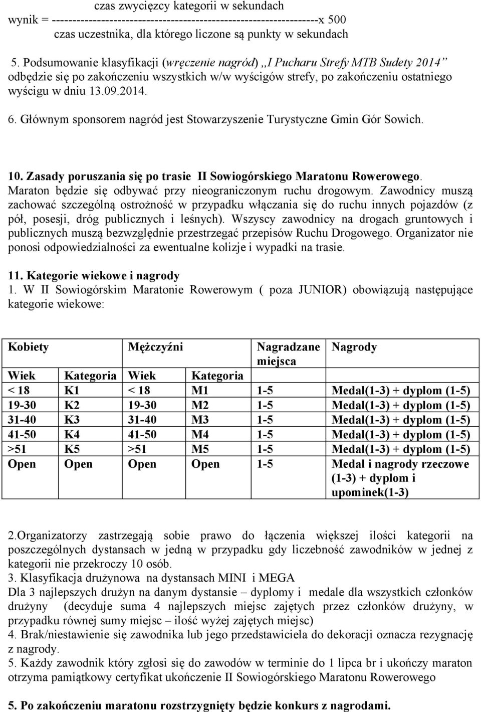 Głównym sponsorem nagród jest Stowarzyszenie Turystyczne Gmin Gór Sowich. 10. Zasady poruszania się po trasie II Sowiogórskiego Maratonu Rowerowego.