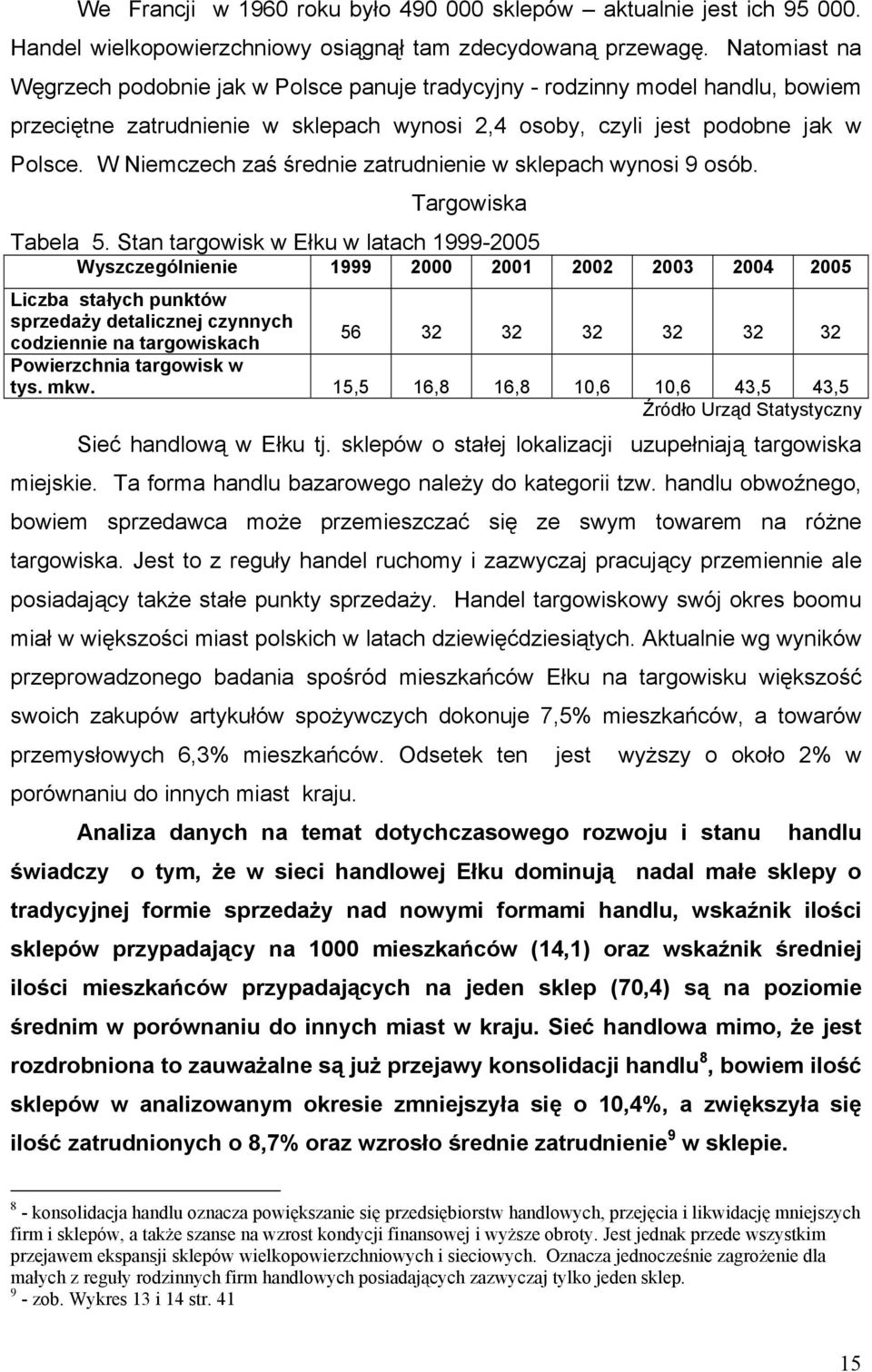 W Niemczech zaś średnie zatrudnienie w sklepach wynosi 9 osób. Targowiska Tabela 5.