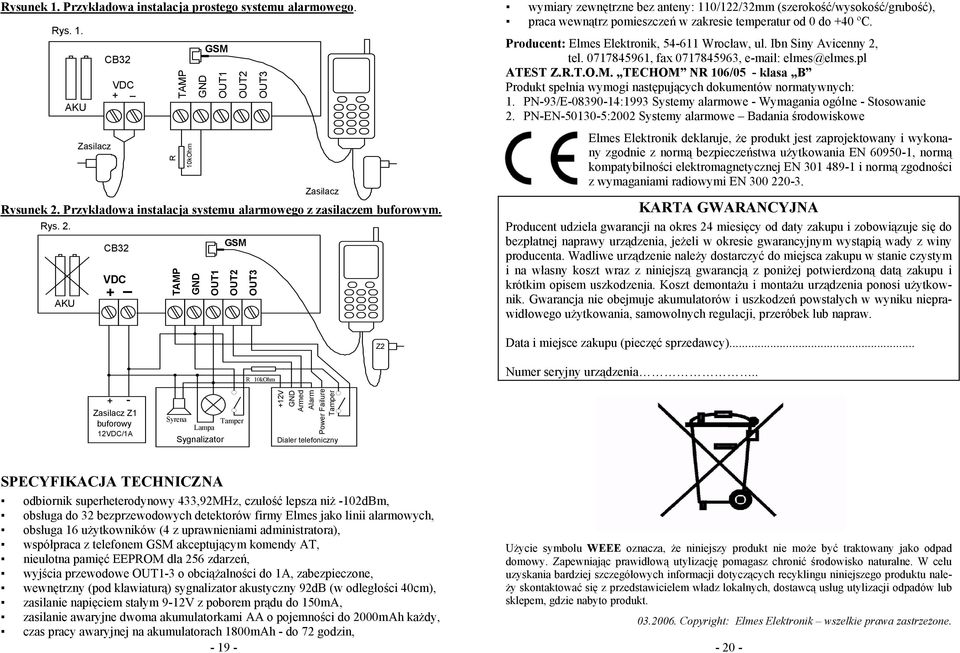 AKU GSM CB32 VDC + _ TAMP GND OUT1 OUT2 OUT3 Z2 R 10kOhm wymiary zewnętrzne bez anteny: 110/122/32mm (szerokość/wysokość/grubość), praca wewnątrz pomieszczeń w zakresie temperatur od 0 do +40 ºC.