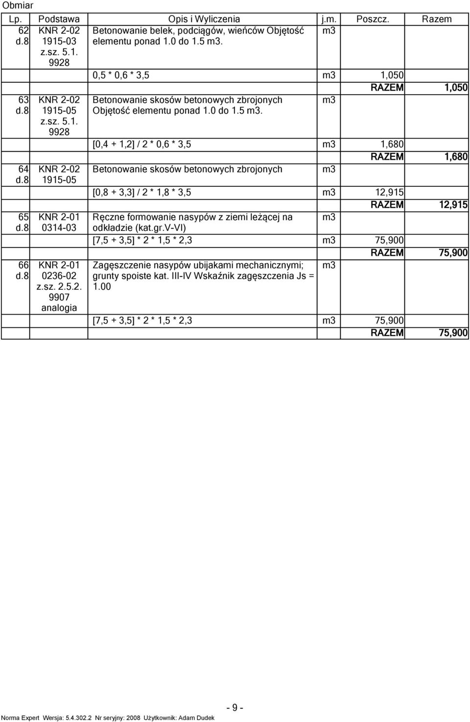 gr.v-vi) [7,5 +,5] * * 1,5 *, Zagęszczenie nasypów ubijakami mechanicznymi; gruny spoise ka. III-IV Wskaźnik zagęszczenia Js = 1.