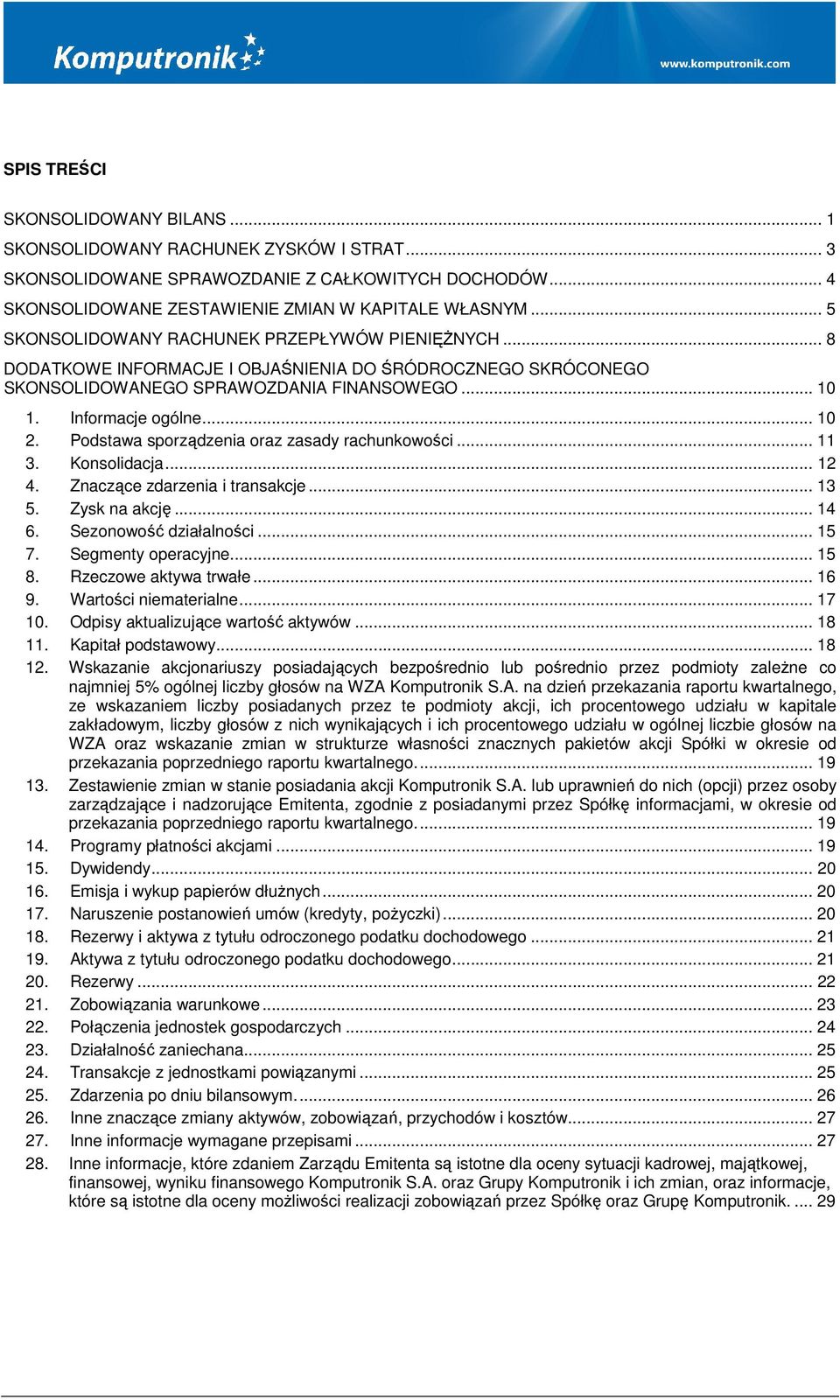 Podstawa sporządzenia oraz zasady rachunkowości... 11 3. Konsolidacja... 12 4. Znaczące zdarzenia i transakcje... 13 5. Zysk na akcję... 14 6. Sezonowość działalności... 15 7. Segmenty operacyjne.