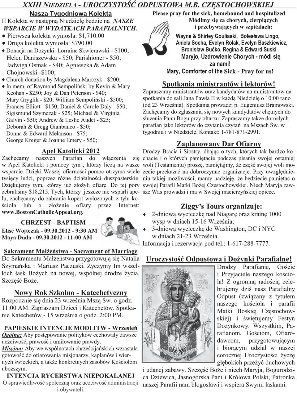 00 Donacja na Dożynki: Lorraine Skwierawski - $100; Helen Daniszewska - $50; Parishioner - $50; Jadwiga Osmak - $40; Agnieszka & Adam Chojnowski -$100; Church donation by Magdalena Marczyk - $200; In