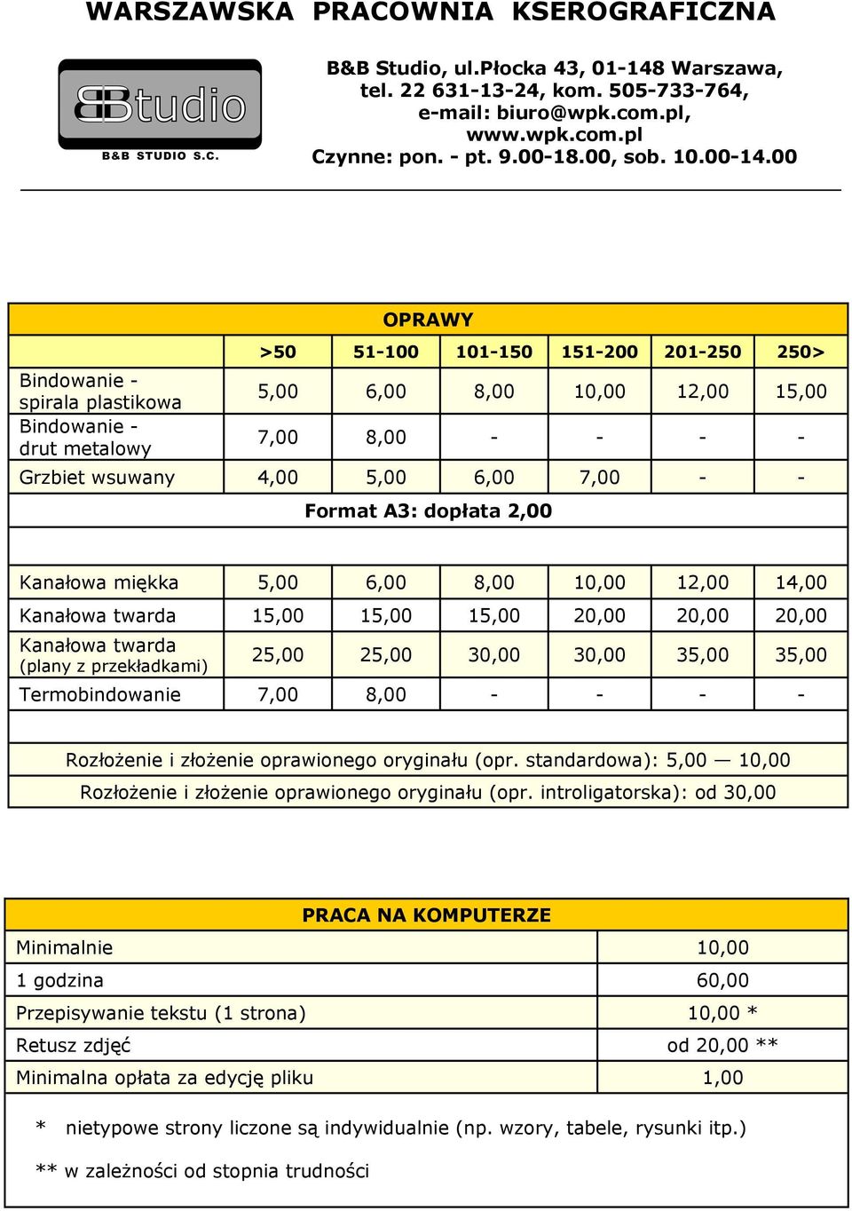 Termobindowanie 7,00 8,00 - - - - Rozłożenie i złożenie oprawionego oryginału (opr. standardowa): 5,00 10,00 Rozłożenie i złożenie oprawionego oryginału (opr.