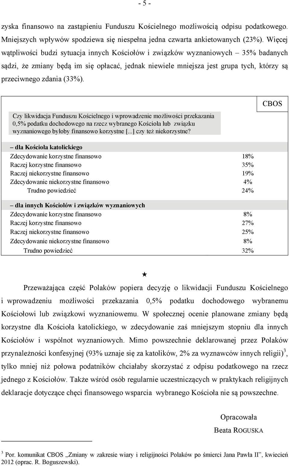 (33%). Czy likwidacja Funduszu Kościelnego i wprowadzenie możliwości przekazania 0,5% podatku dochodowego na rzecz wybranego Kościoła lub związku wyznaniowego byłoby finansowo korzystne [.