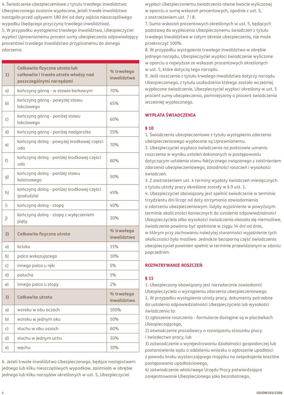 W przypadku wystąpienia trwałego, Ubezpieczyciel wypłaci Uprawnionemu procent sumy ubezpieczenia odpowiadający procentowi trwałego przypisanemu do danego zdarzenia: 1) Całkowita fizyczna utrata lub