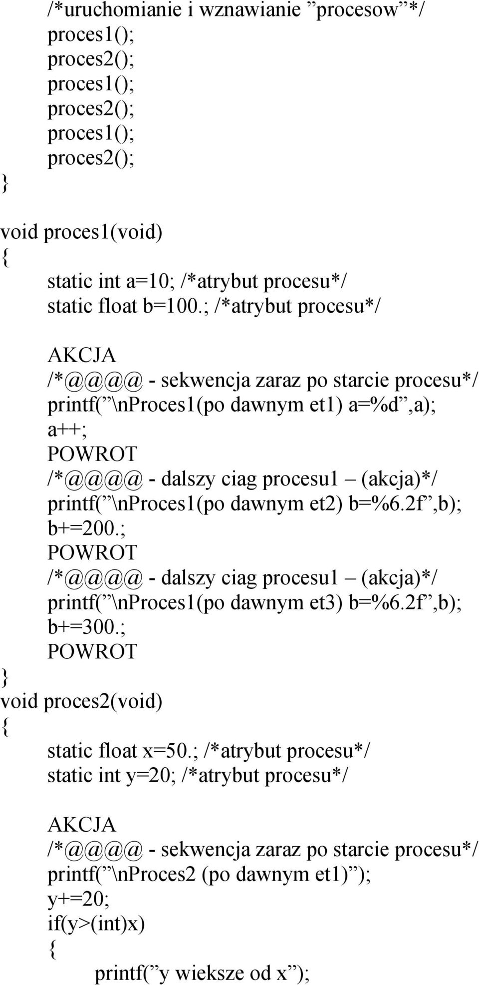 \nproces1(po dawnym et2) b=%6.2f,b); b+=200.; POWROT /*@@@@ - dalszy ciag procesu1 (akcja)*/ printf( \nproces1(po dawnym et3) b=%6.2f,b); b+=300.