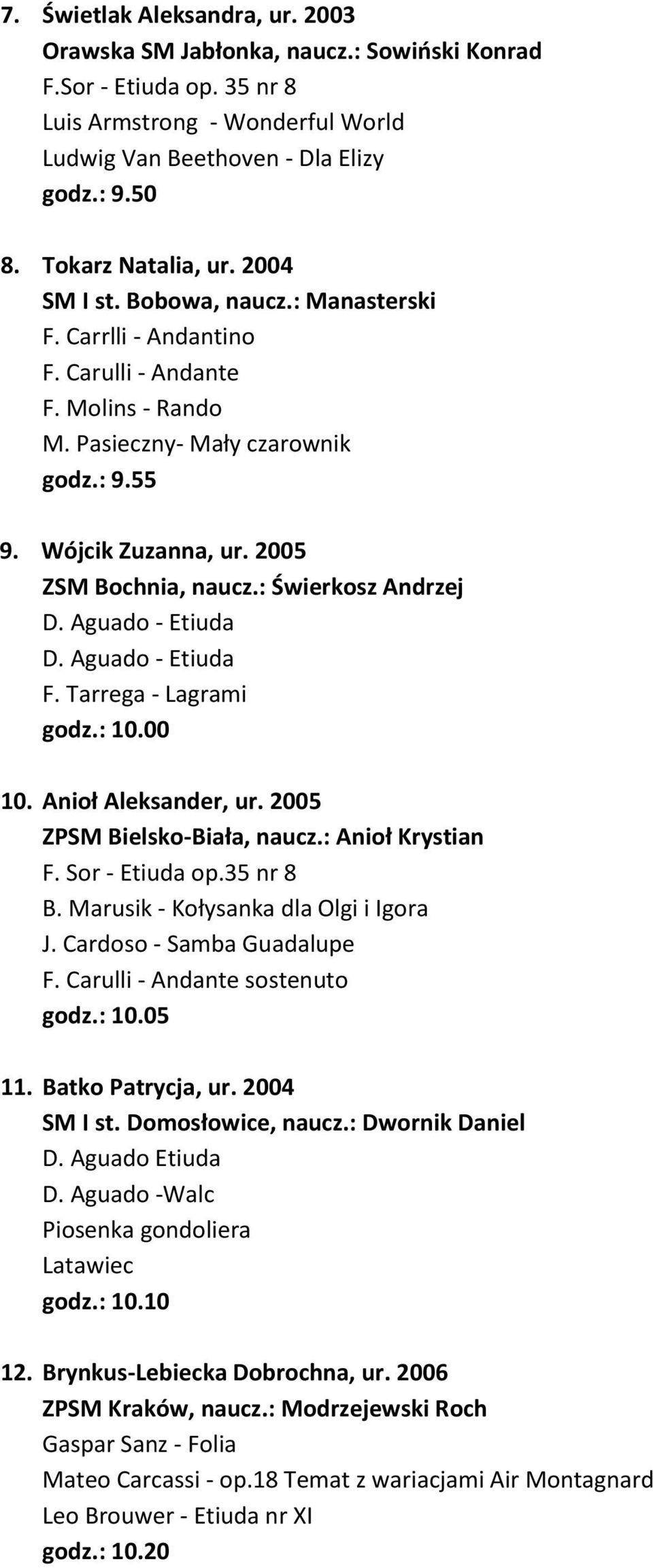 2005 ZSM Bochnia, naucz.: Świerkosz Andrzej D. Aguado - Etiuda D. Aguado - Etiuda F. Tarrega - Lagrami godz.: 10.00 10. Anioł Aleksander, ur. 2005 ZPSM Bielsko-Biała, naucz.: Anioł Krystian F.