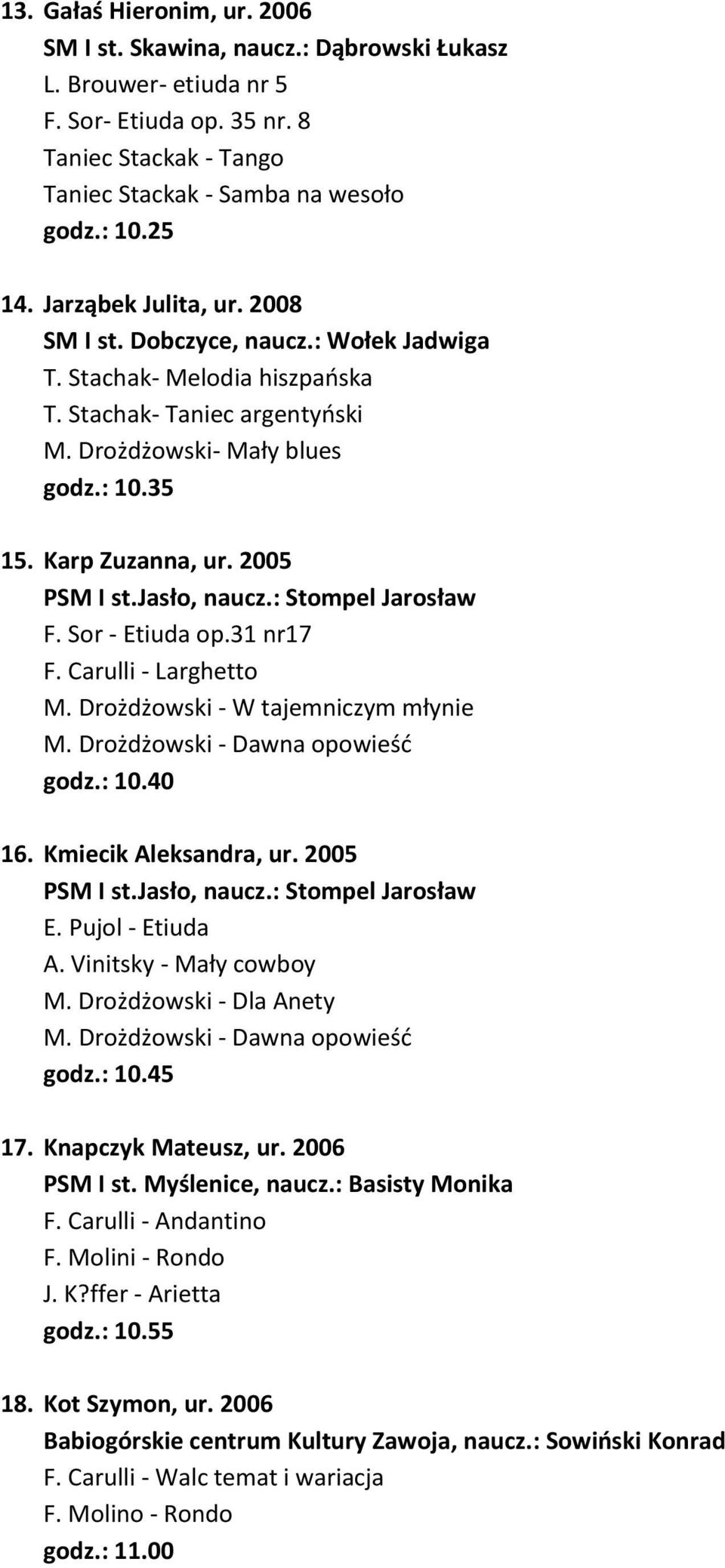 2005 PSM I st.jasło, naucz.: Stompel Jarosław F. Sor - Etiuda op.31 nr17 F. Carulli - Larghetto M. Drożdżowski - W tajemniczym młynie M. Drożdżowski - Dawna opowieść godz.: 10.40 16.