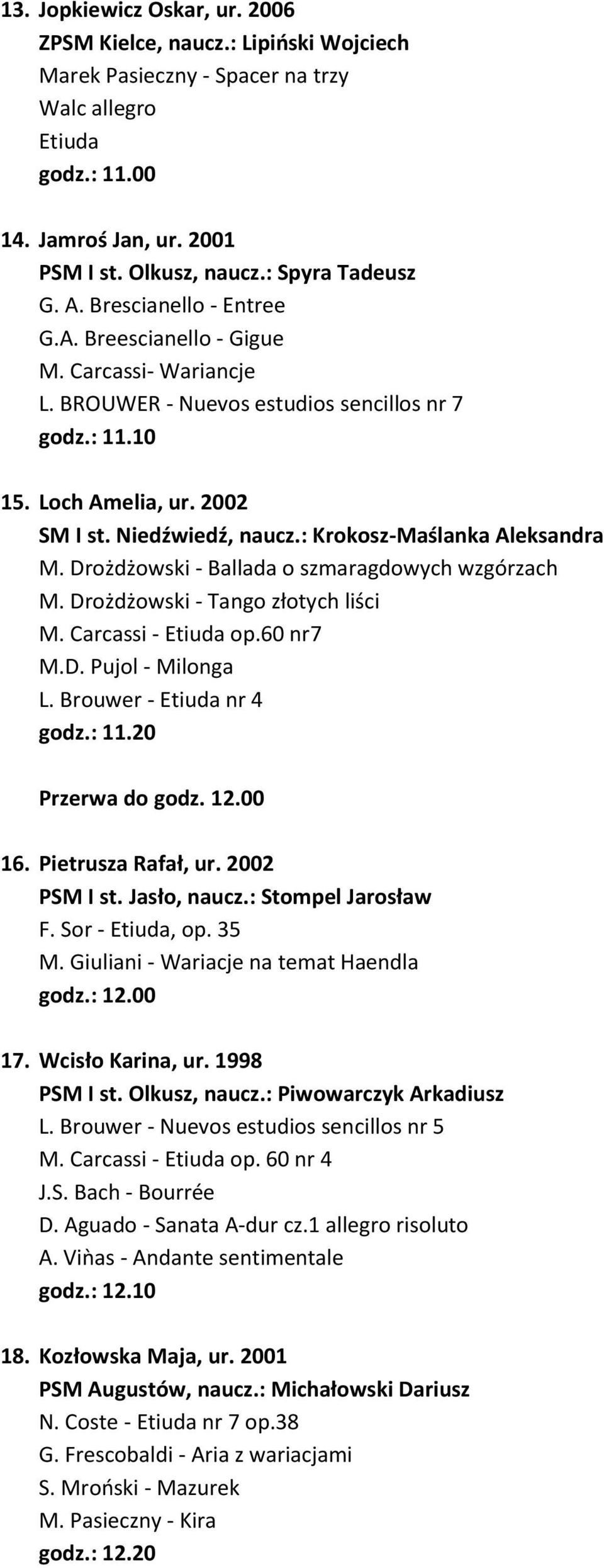 Niedźwiedź, naucz.: Krokosz-Maślanka Aleksandra M. Drożdżowski - Ballada o szmaragdowych wzgórzach M. Drożdżowski - Tango złotych liści M. Carcassi - Etiuda op.60 nr7 M.D. Pujol - Milonga L.