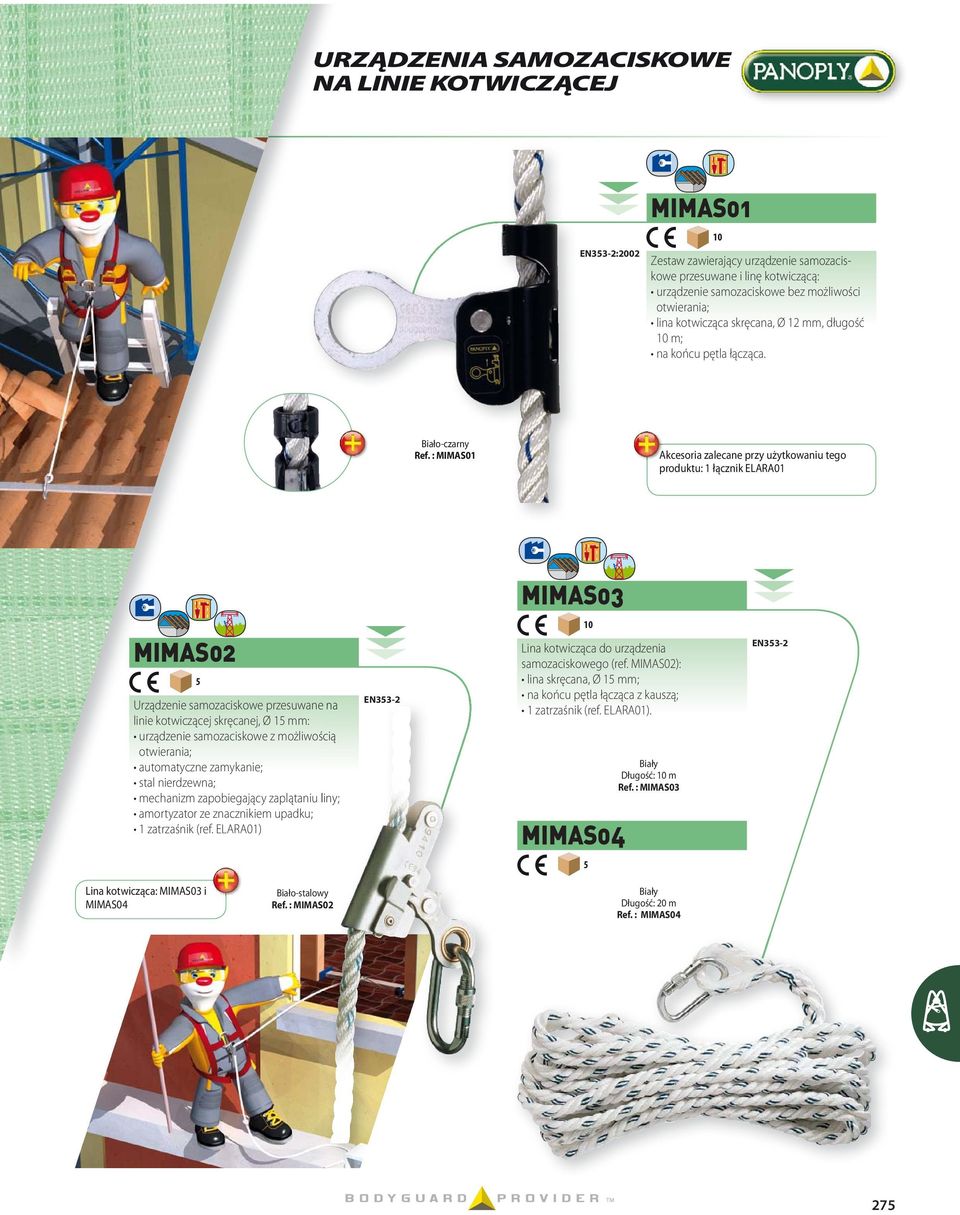 : MIMAS01 Akcesoria zalecane przy użytkowaniu tego produktu: 1 łącznik ELARA01 MIMAS03 MIMAS0 Urządzenie samozaciskowe przesuwane e na linie kotwiczącej skręcanej, Ø 1 mm: urządzenie samozaciskowe z