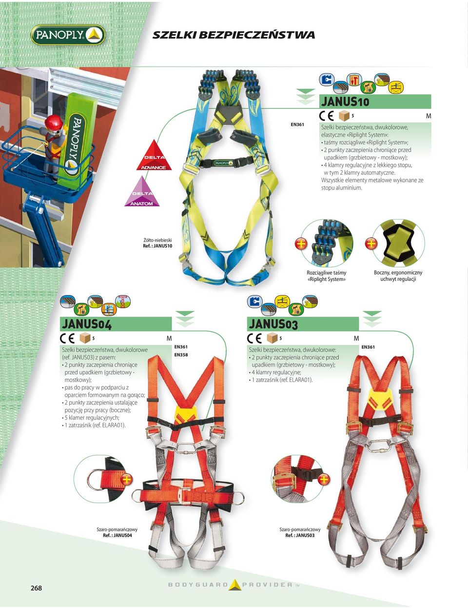 : JANUS10 Rozciągliwe taśmy «Riplight System» Boczny, ergonomiczny uchwyt regulacji JANUS04 M Szelki bezpieczeństwa, dwukolorowe EN38 (ref.