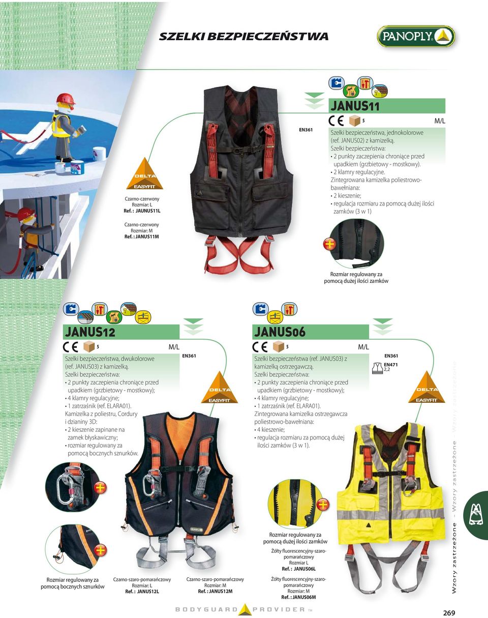 Zintegrowana kamizelka poliestrowobawełniana: kieszenie; regulacja rozmiaru za pomocą dużej ilości zamków (3 w 1) Rozmiar regulowany za pomocą dużej ilości zamków JANUS1 M/L JANUS06 M/L Szelki