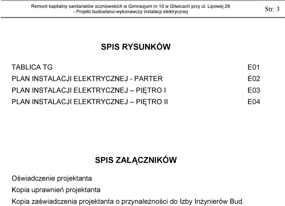 E02 E03 E04 SPIS ZAŁĄCZNIKÓW Oświadczenie projektanta Kopia uprawnień