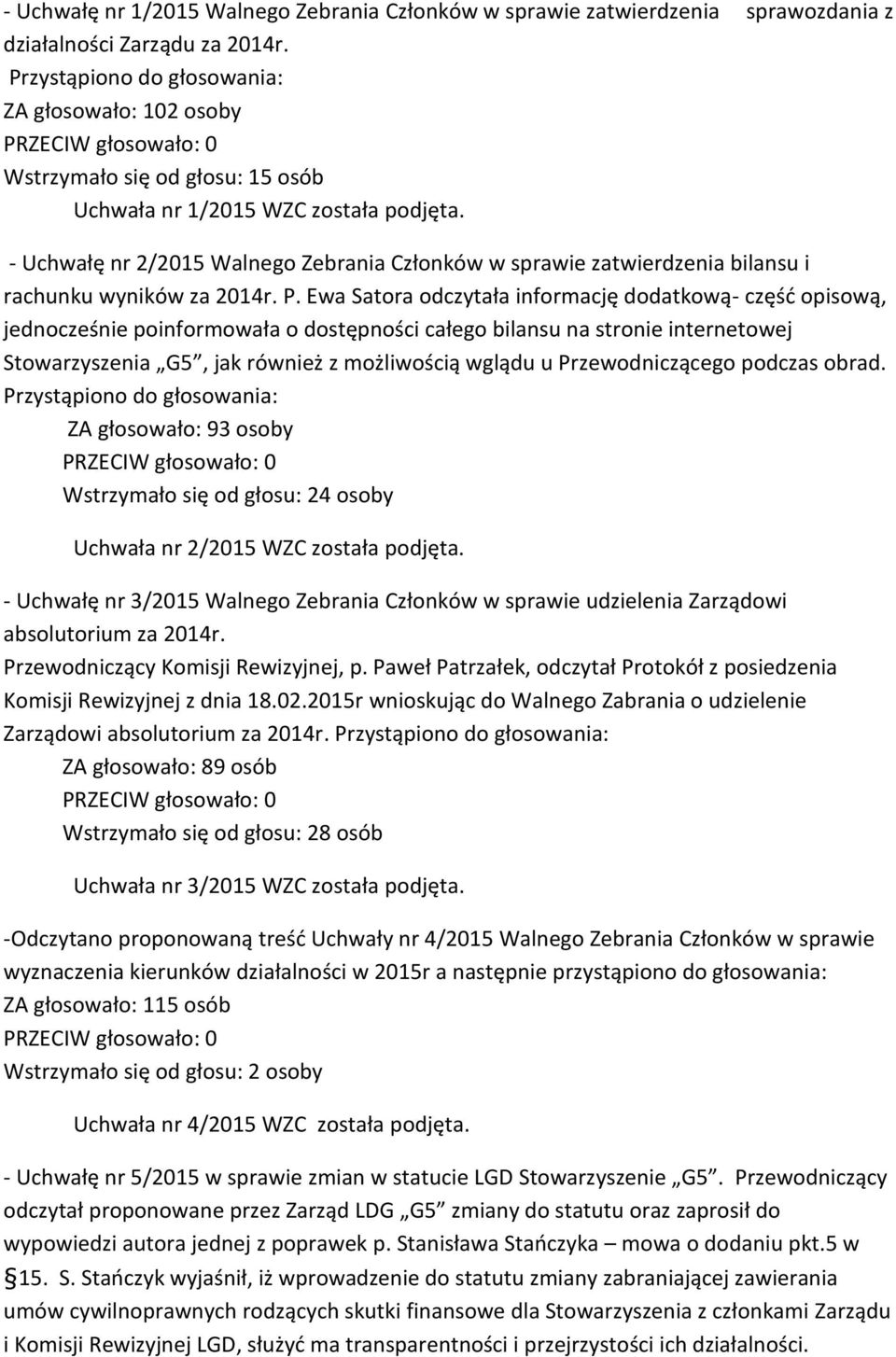 - Uchwałę nr 2/2015 Walnego Zebrania Członków w sprawie zatwierdzenia bilansu i rachunku wyników za 2014r. P.