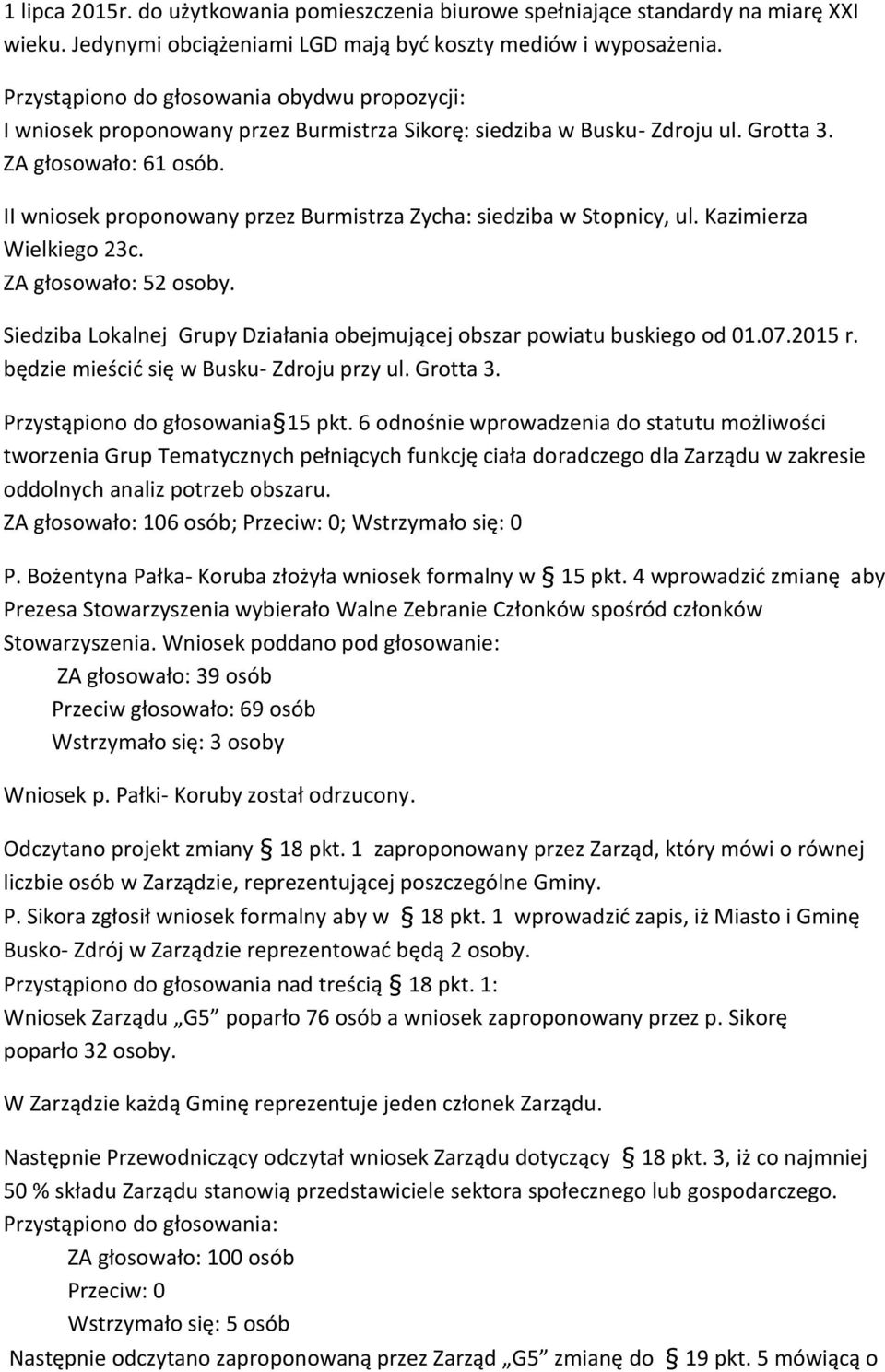 II wniosek proponowany przez Burmistrza Zycha: siedziba w Stopnicy, ul. Kazimierza Wielkiego 23c. ZA głosowało: 52 osoby. Siedziba Lokalnej Grupy Działania obejmującej obszar powiatu buskiego od 01.